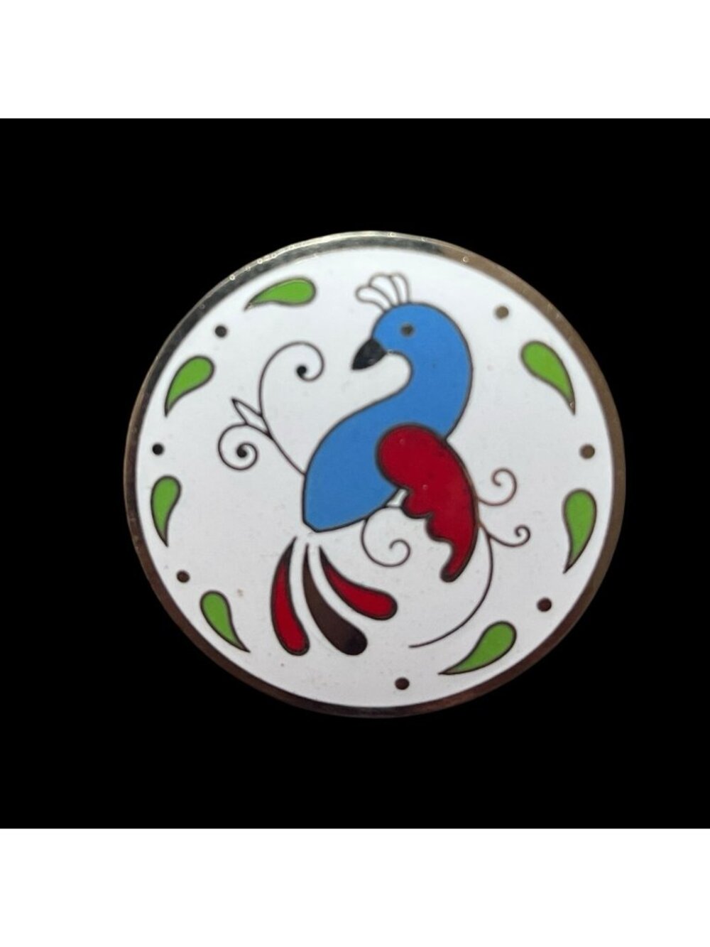 Vintage Enamel Bird Brooch Round Pin Multicolor Folk Art Style Blue Red Green